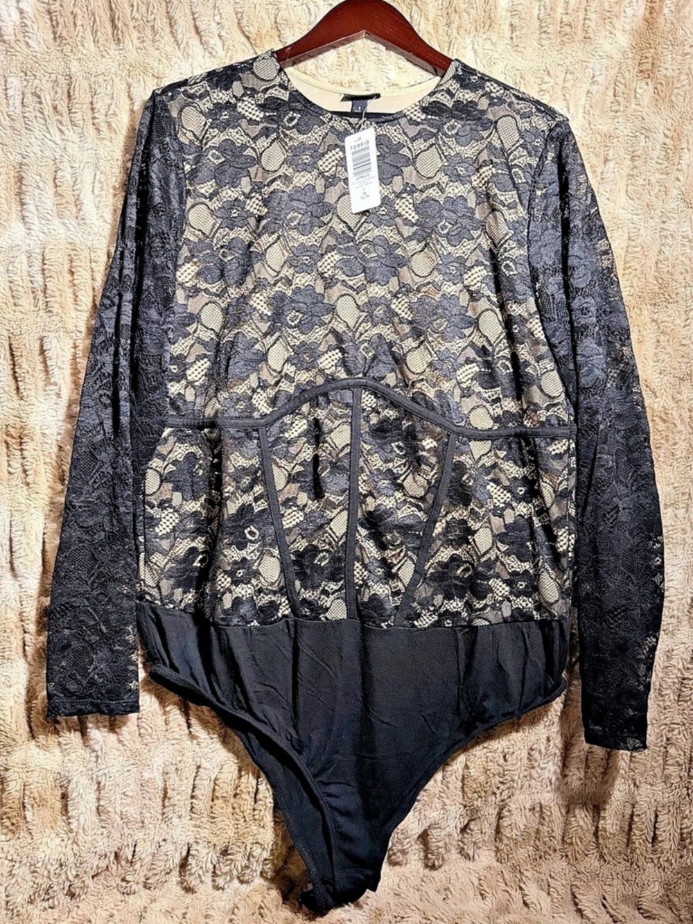 Torrid Stretch Lace Crew Neck Long Sleeve Corset Bodysuit Black 1X